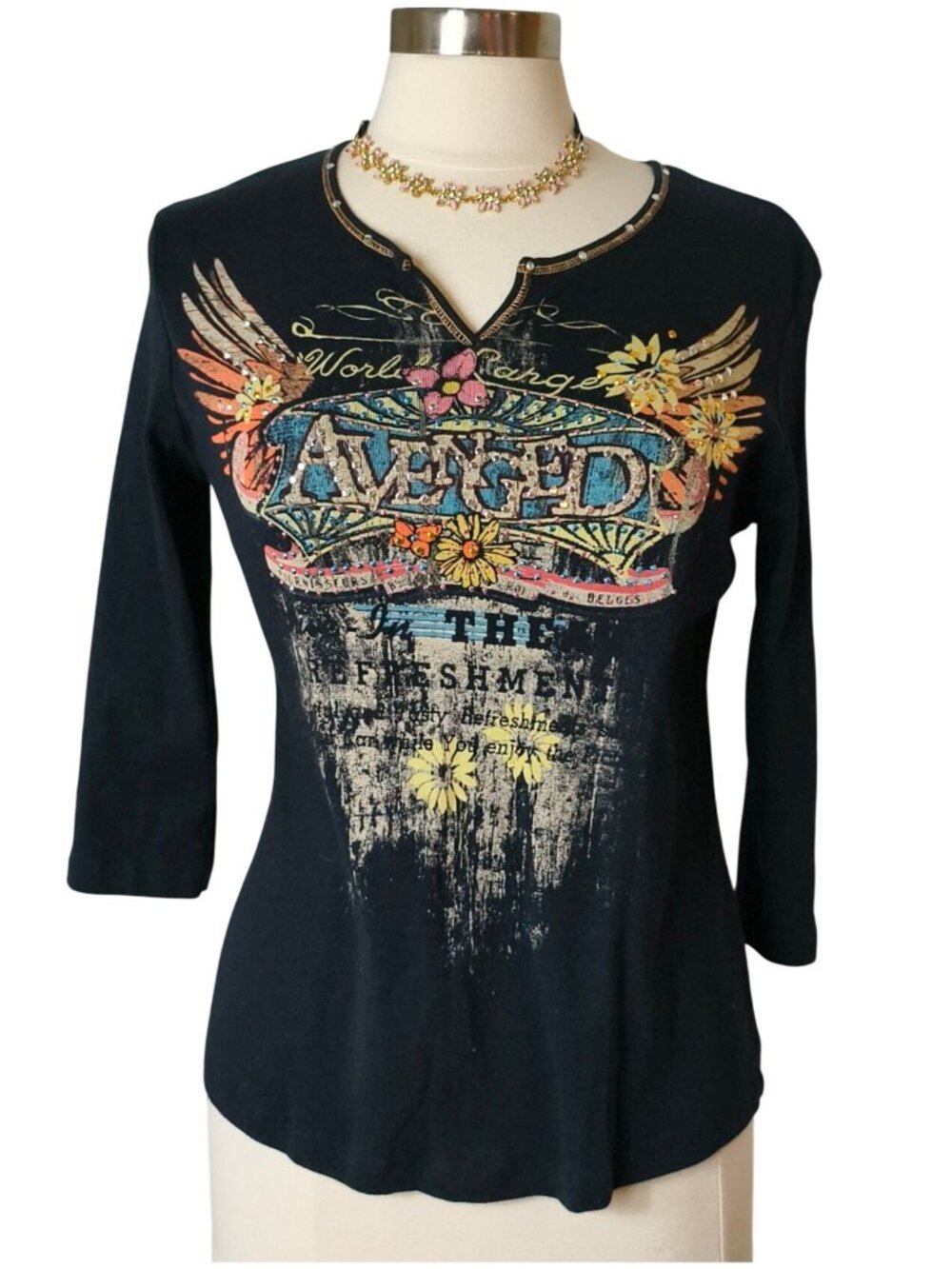 Vanilla Sugar Womens M Y2K Top Graphic Embellished Black 3/4 Sleeve Advent Prep